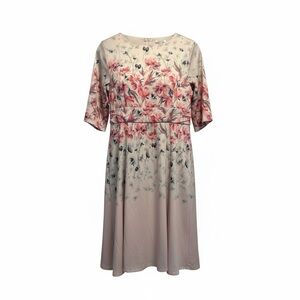 Floral Empire Waist Midi Dress V-Neck Short Sleeve EC